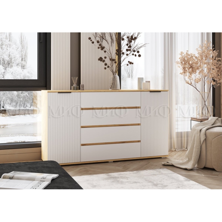 Комод Марвэл 4 ящика + 2 двери Браш Вайт/Крафт Золотой